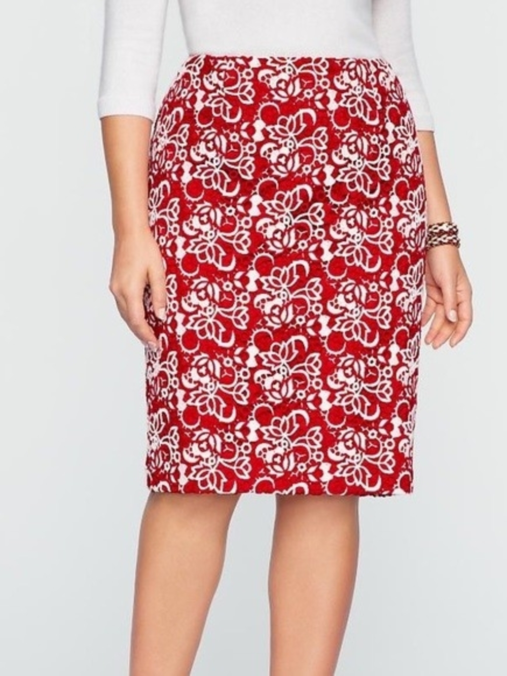 Talbots | Red & White Floral Lace Pencil Skirt Knee Length